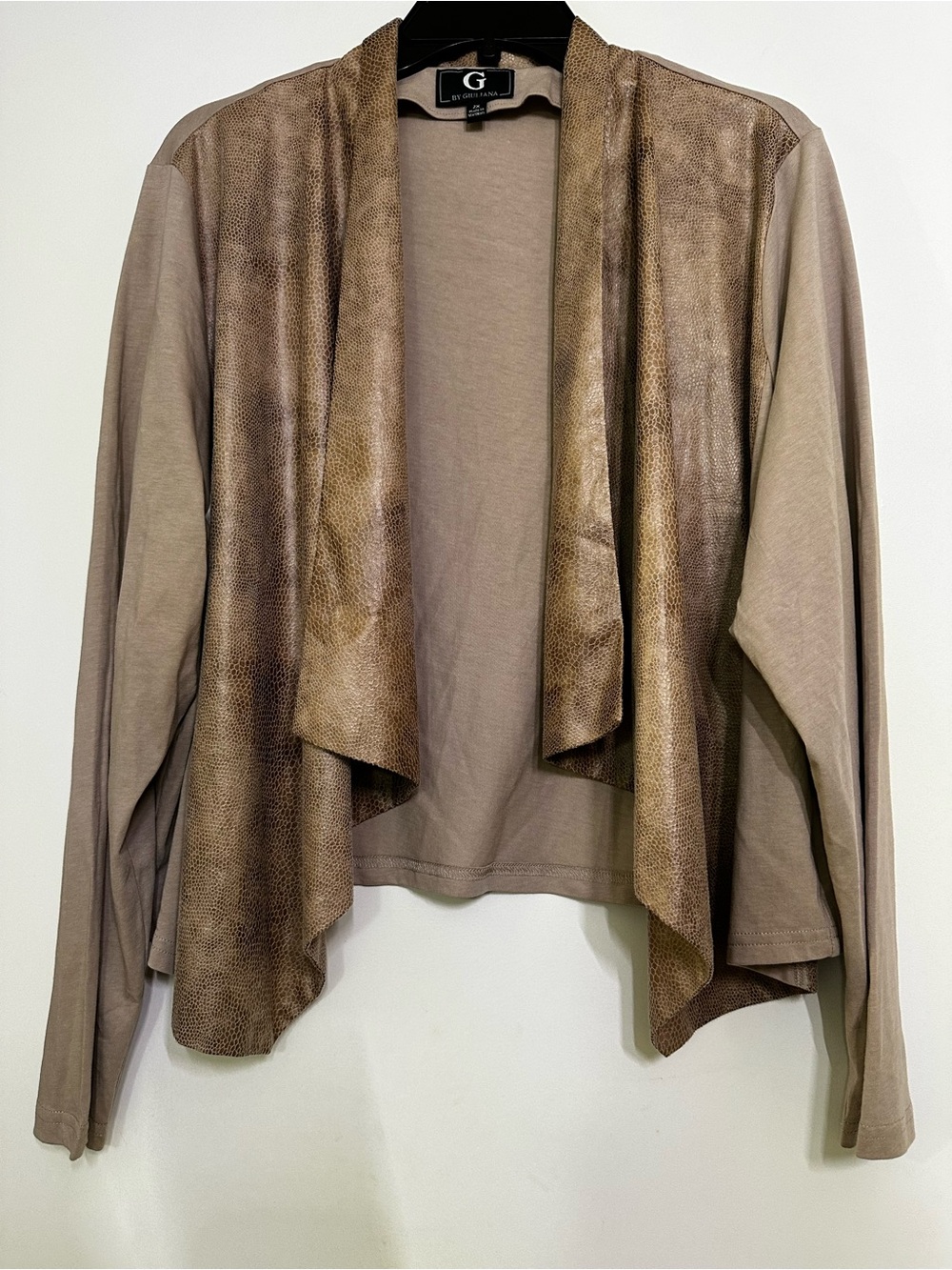 G by Giuliana Taupe Draped Open-Front Cardigan with Faux-Leather Overlay
